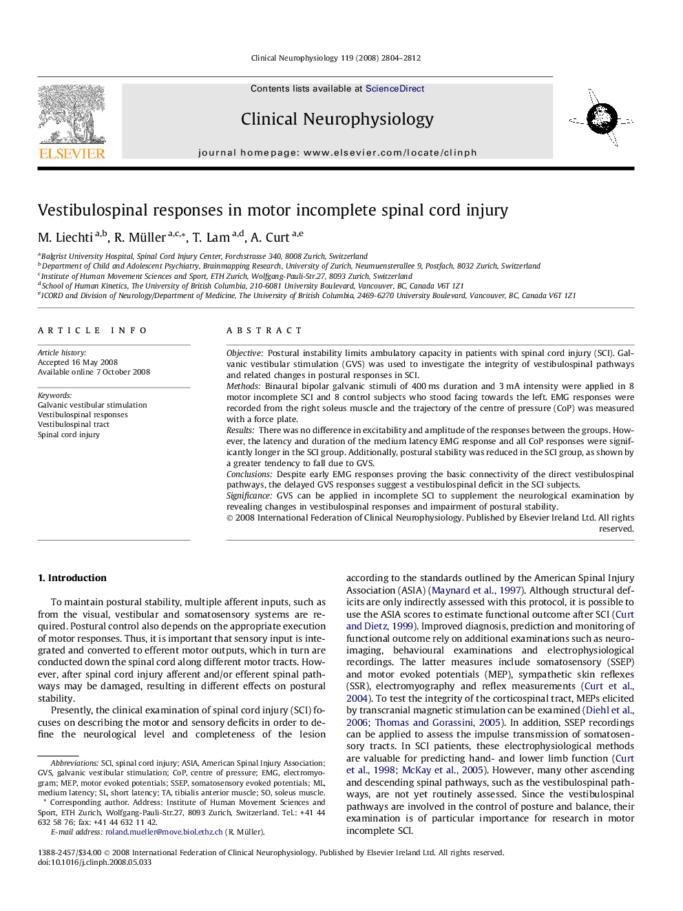 Vestibulospinal responses in motor incomplete spinal cord injury