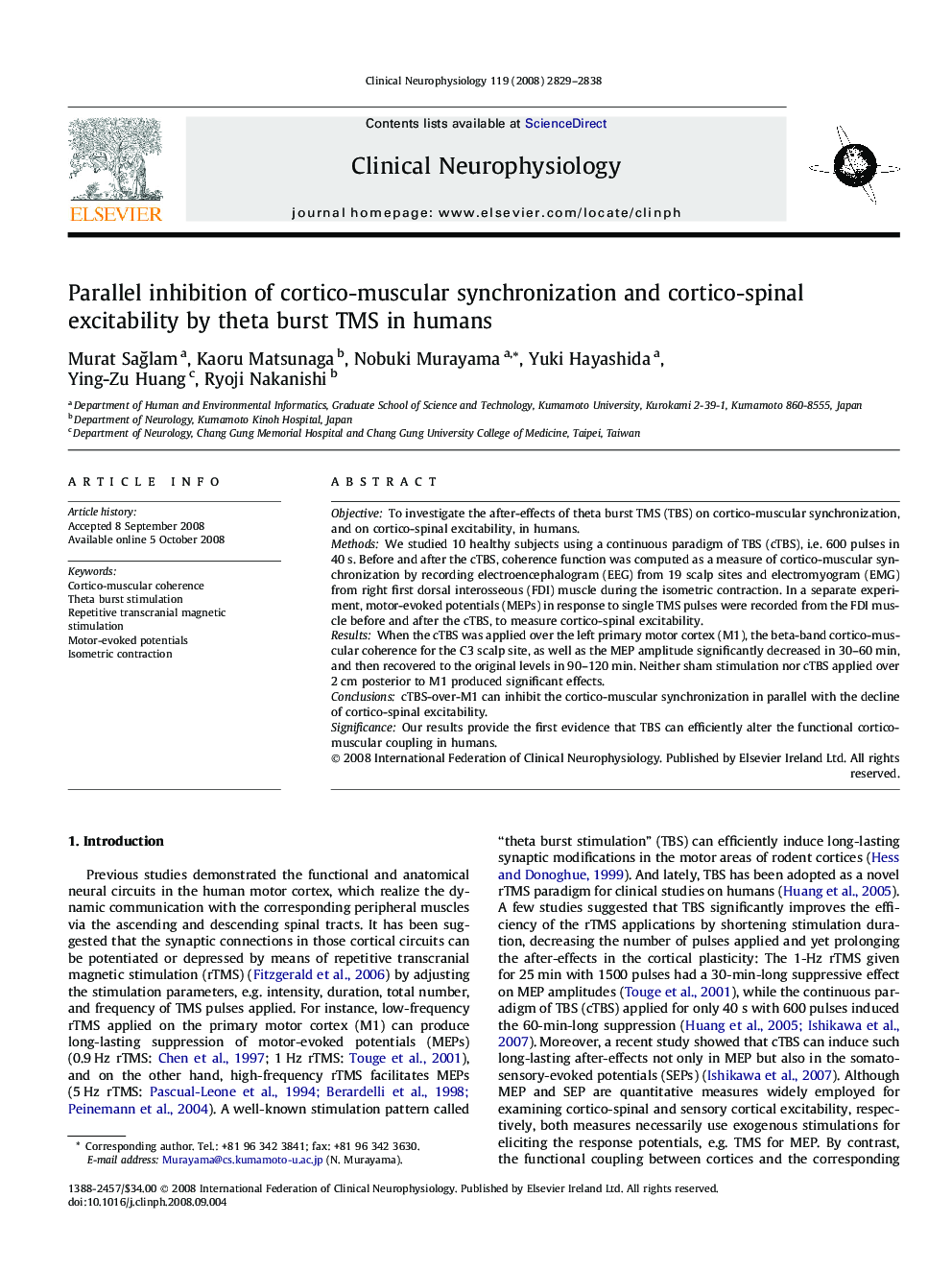 Parallel inhibition of cortico-muscular synchronization and cortico-spinal excitability by theta burst TMS in humans