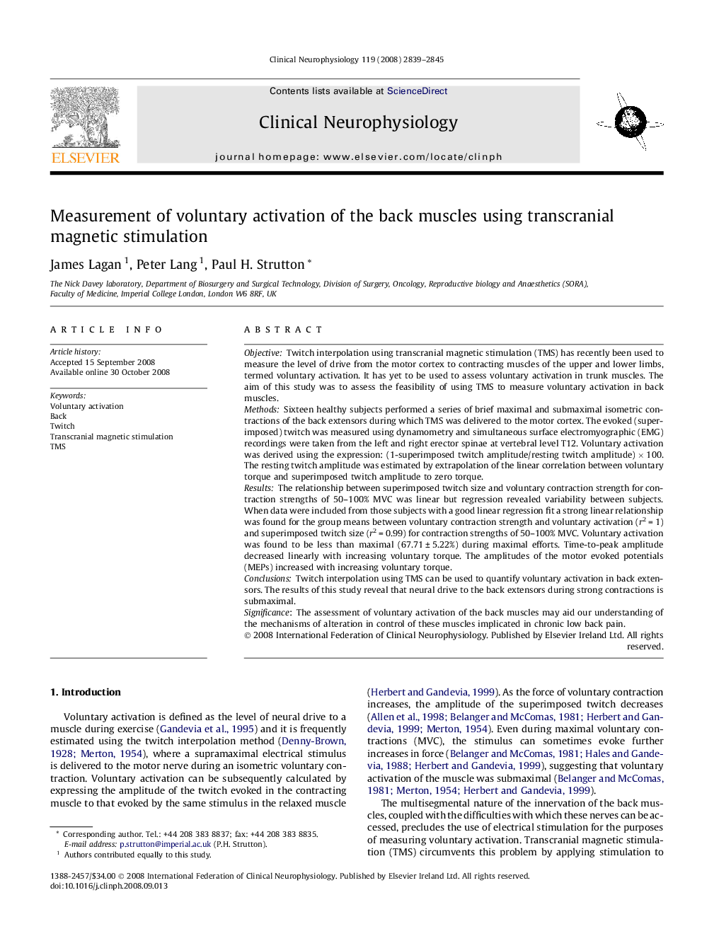 Measurement of voluntary activation of the back muscles using transcranial magnetic stimulation