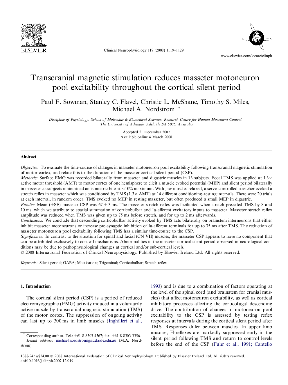 Transcranial magnetic stimulation reduces masseter motoneuron pool excitability throughout the cortical silent period