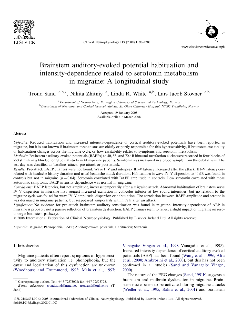 Brainstem auditory-evoked potential habituation and intensity-dependence related to serotonin metabolism in migraine: A longitudinal study