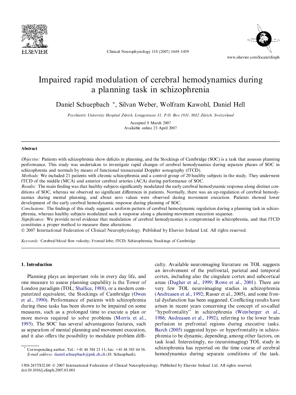 Impaired rapid modulation of cerebral hemodynamics during a planning task in schizophrenia