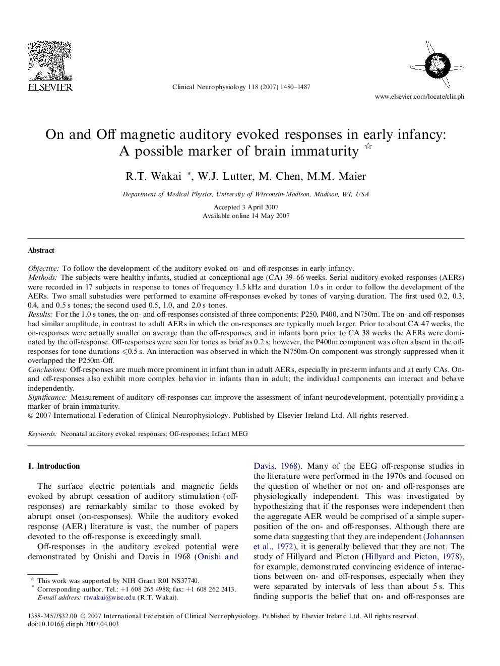 On and Off magnetic auditory evoked responses in early infancy: A possible marker of brain immaturity 