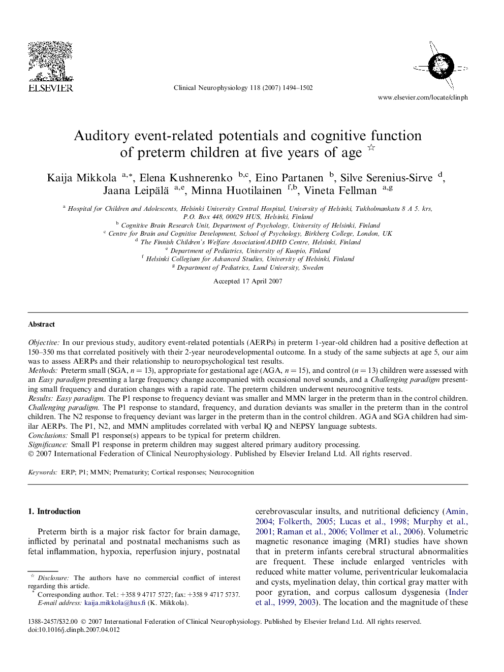 Auditory event-related potentials and cognitive function of preterm children at five years of age 