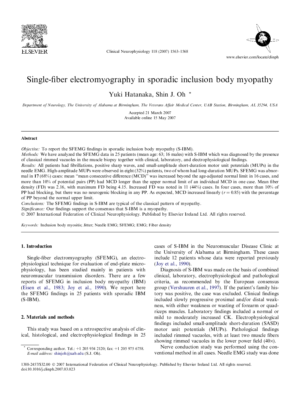 Single-fiber electromyography in sporadic inclusion body myopathy