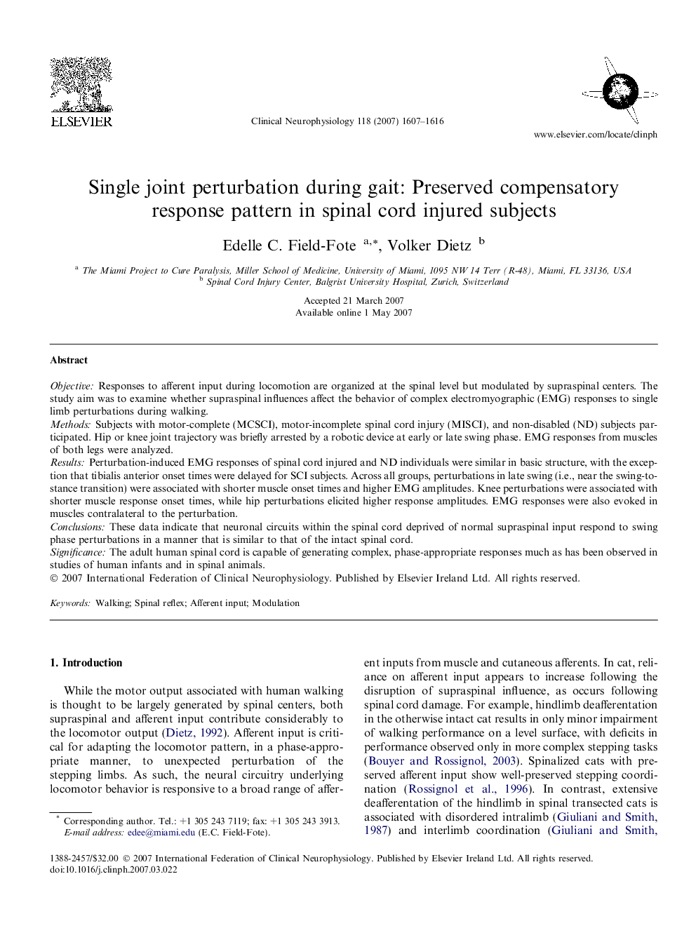 Single joint perturbation during gait: Preserved compensatory response pattern in spinal cord injured subjects