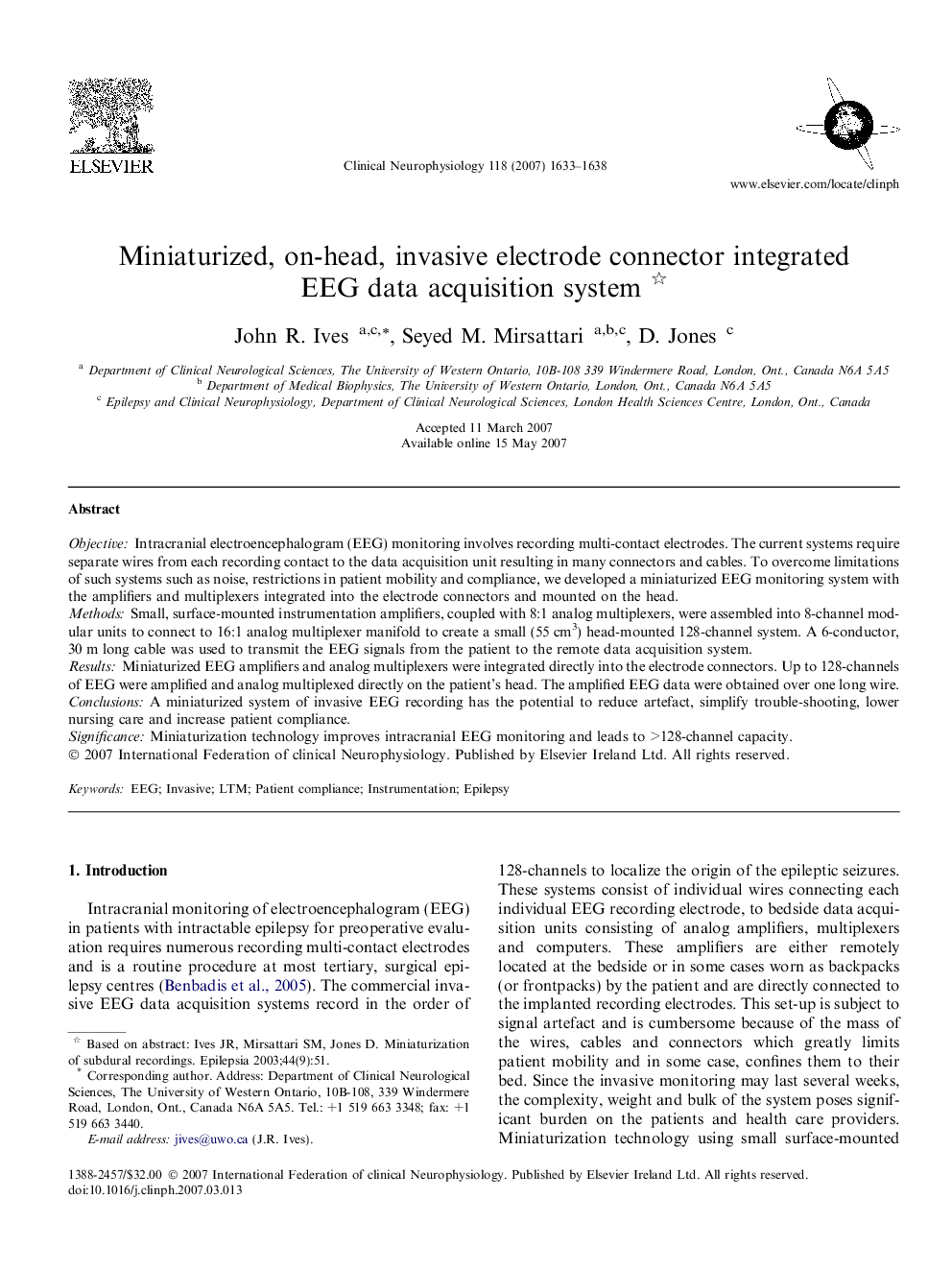 Miniaturized, on-head, invasive electrode connector integrated EEG data acquisition system