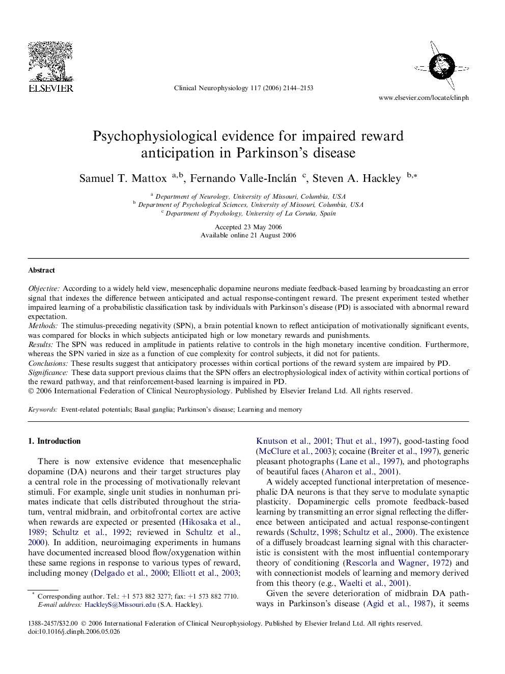 Psychophysiological evidence for impaired reward anticipation in Parkinson’s disease