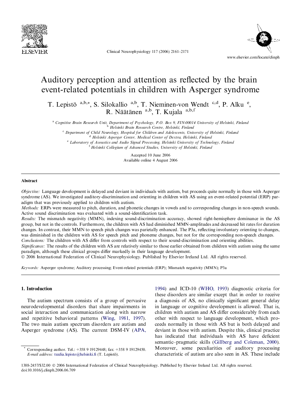 Auditory perception and attention as reflected by the brain event-related potentials in children with Asperger syndrome