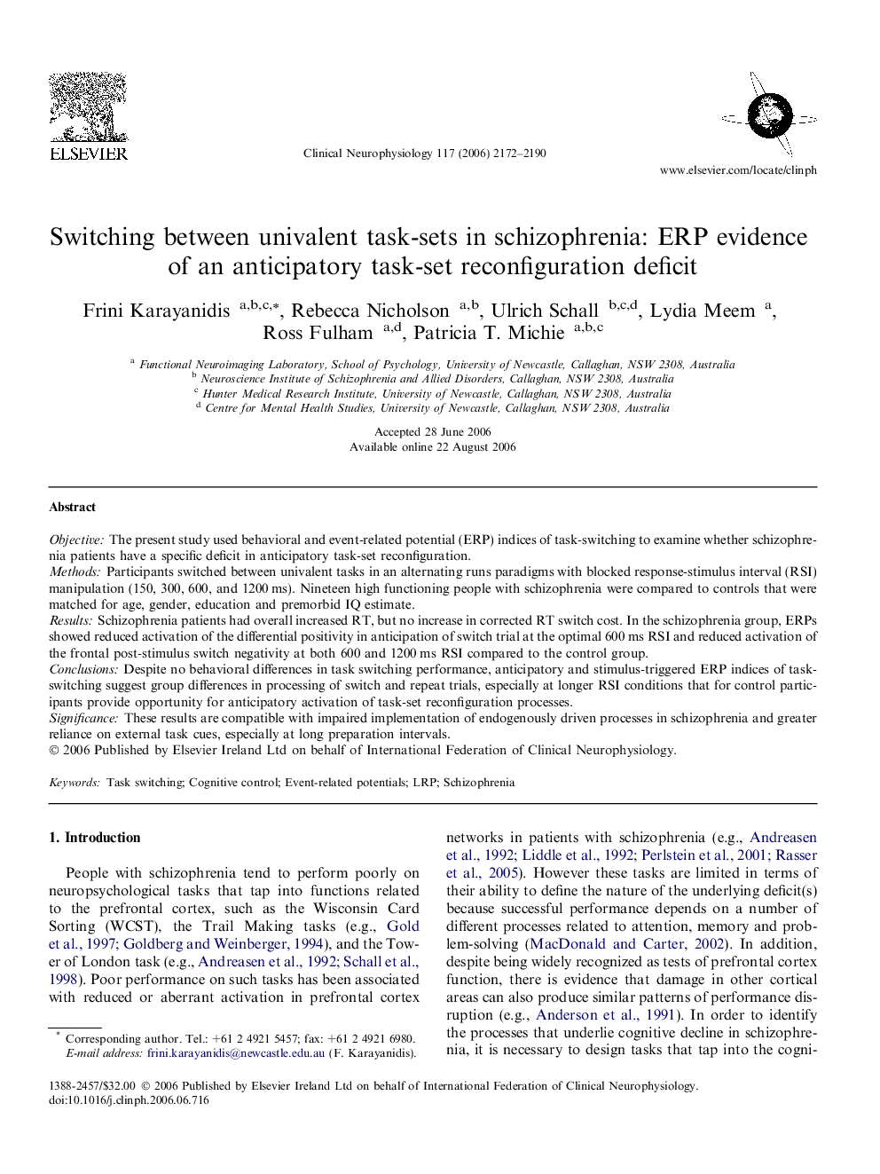 Switching between univalent task-sets in schizophrenia: ERP evidence of an anticipatory task-set reconfiguration deficit