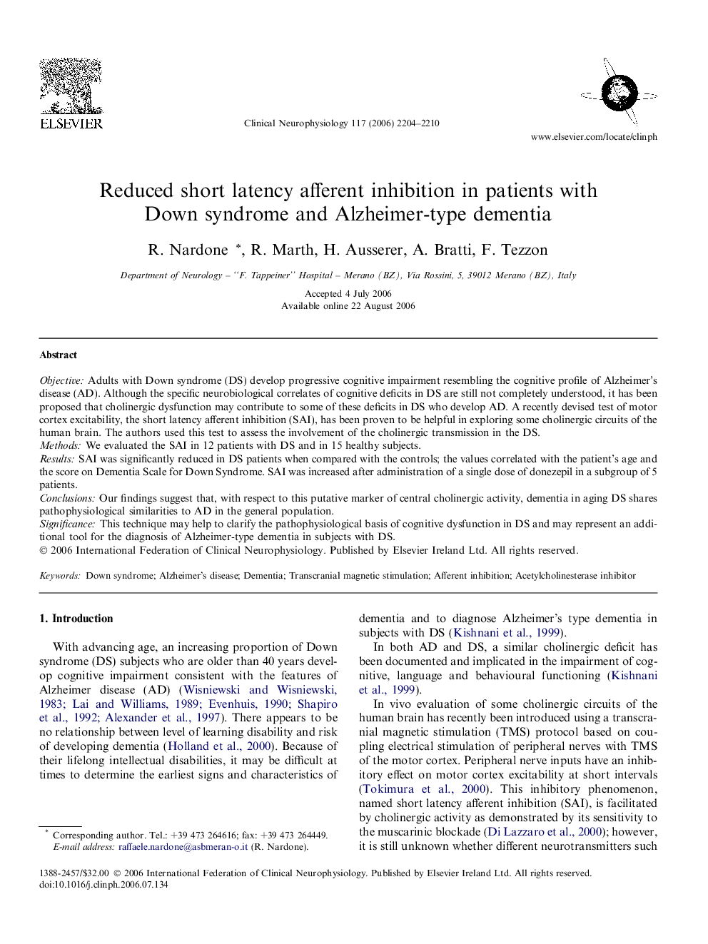 Reduced short latency afferent inhibition in patients with Down syndrome and Alzheimer-type dementia