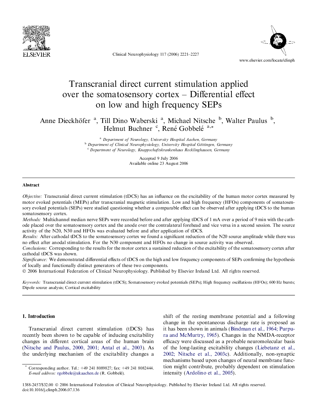 Transcranial direct current stimulation applied over the somatosensory cortex – Differential effect on low and high frequency SEPs