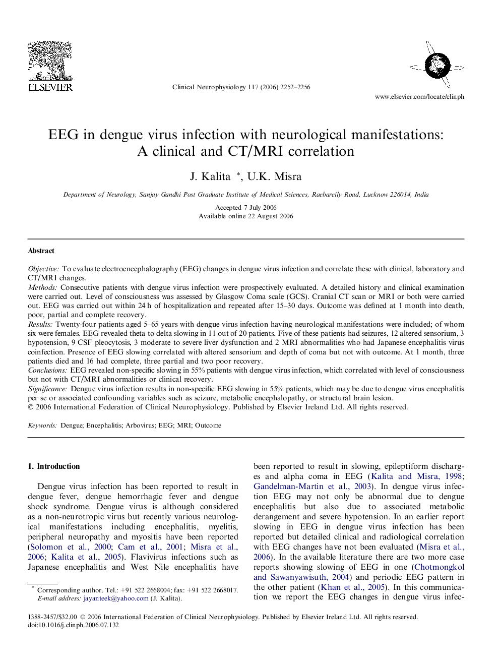 EEG in dengue virus infection with neurological manifestations: A clinical and CT/MRI correlation