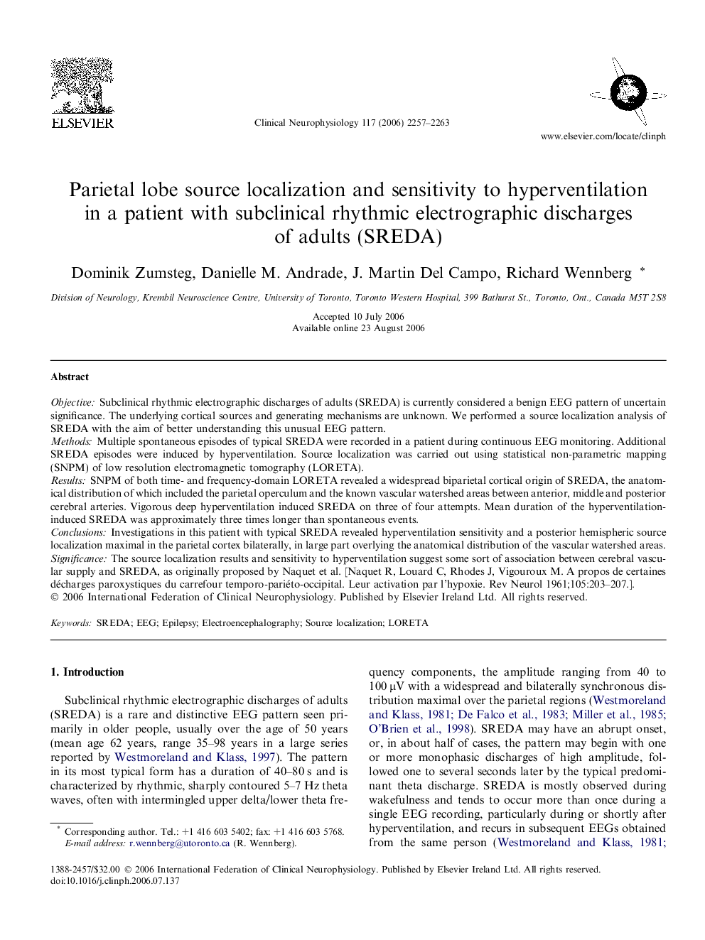 Parietal lobe source localization and sensitivity to hyperventilation in a patient with subclinical rhythmic electrographic discharges of adults (SREDA)