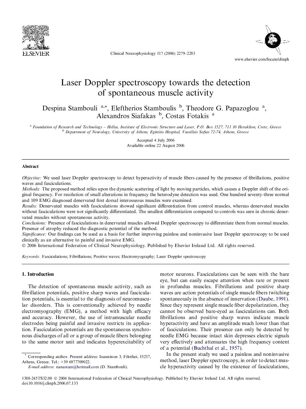 Laser Doppler spectroscopy towards the detection of spontaneous muscle activity