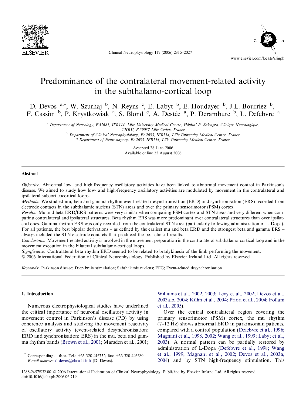 Predominance of the contralateral movement-related activity in the subthalamo-cortical loop