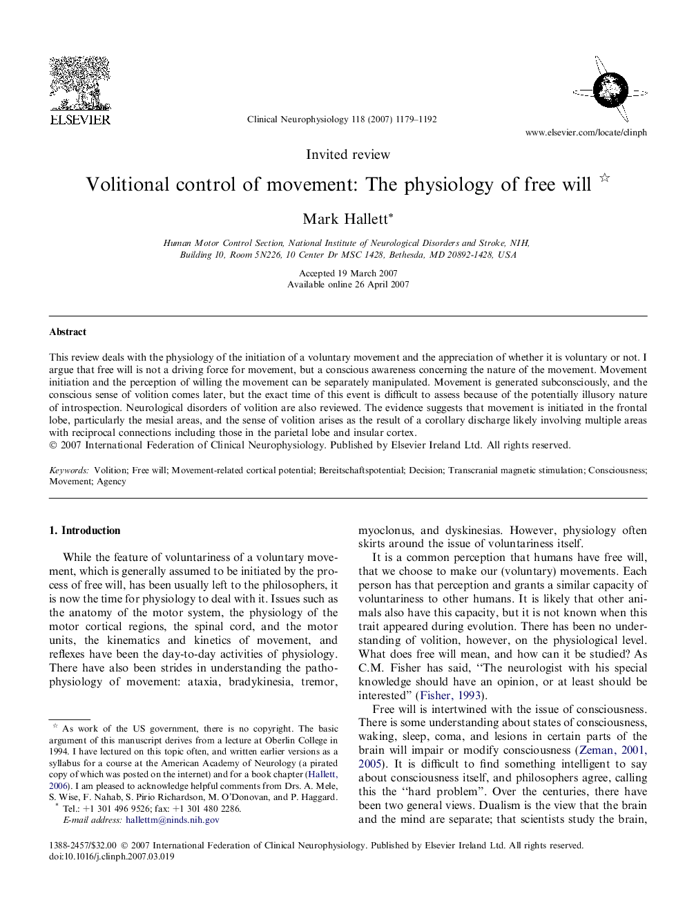 Volitional control of movement: The physiology of free will 