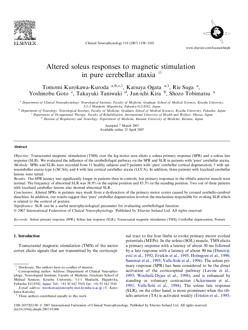 Altered soleus responses to magnetic stimulation in pure cerebellar ataxia 