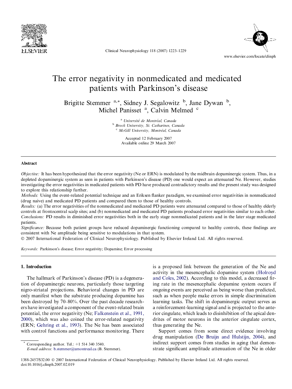 The error negativity in nonmedicated and medicated patients with Parkinson’s disease