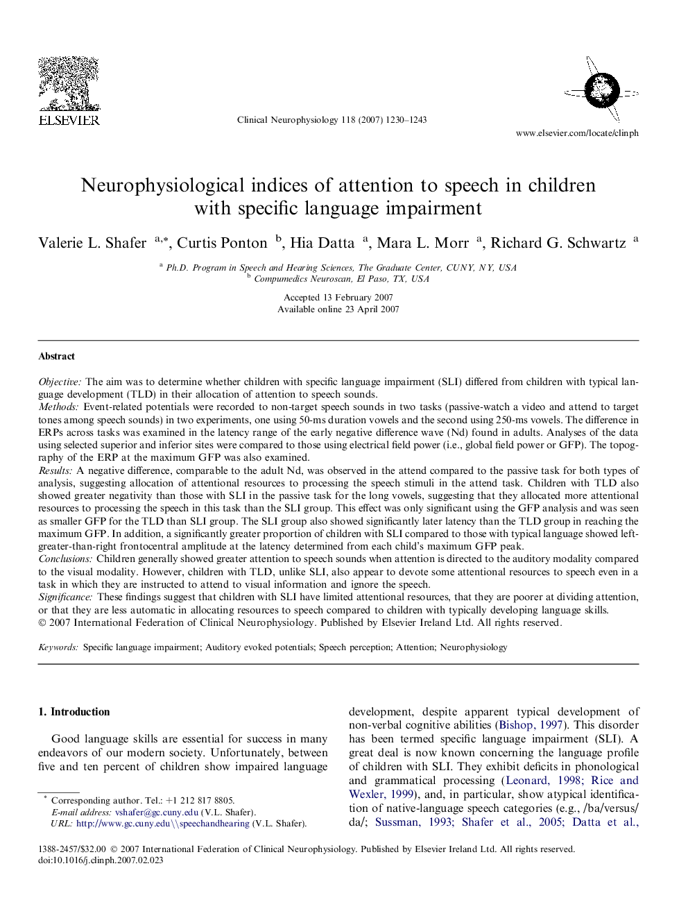 Neurophysiological indices of attention to speech in children with specific language impairment