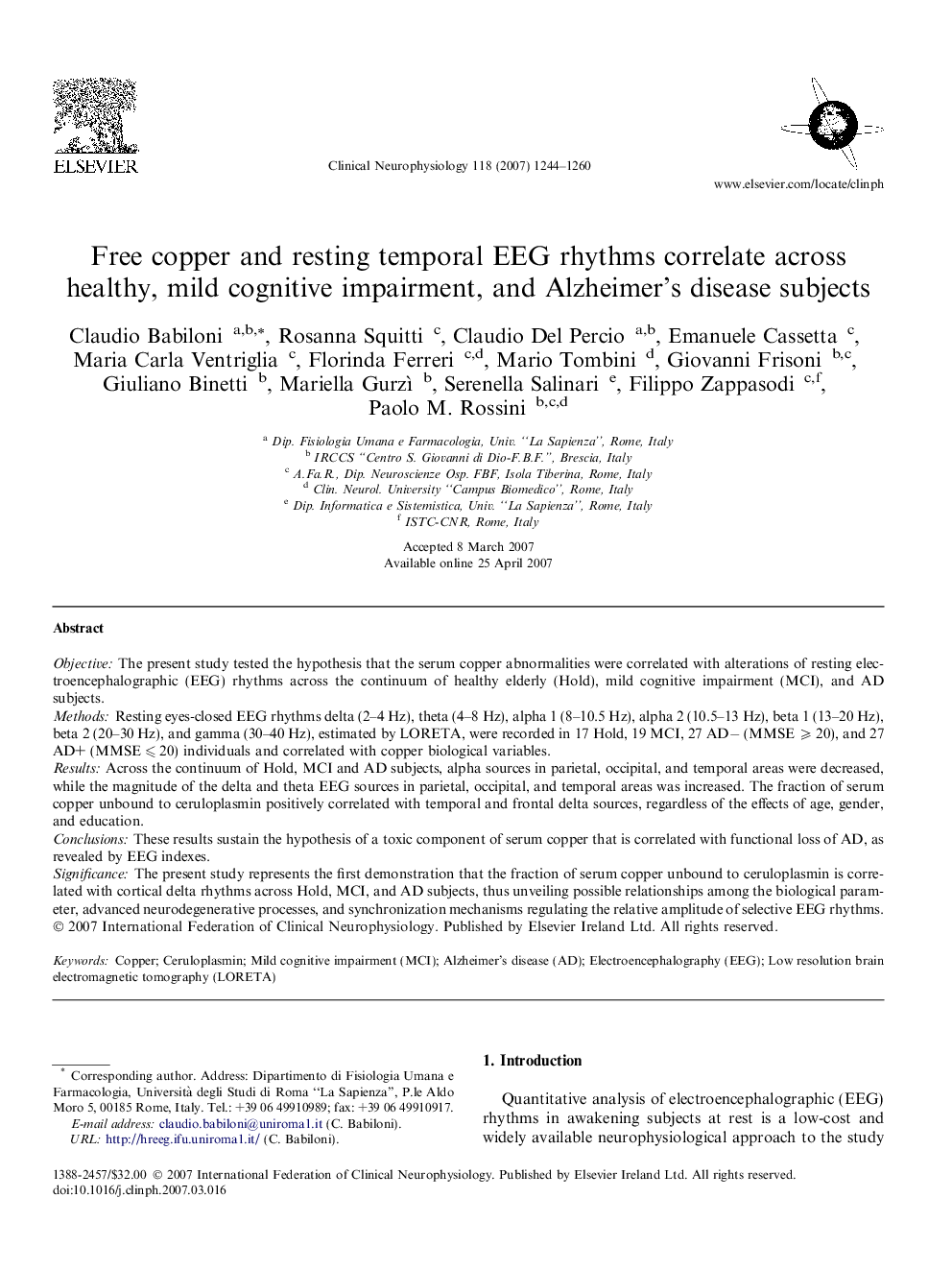 Free copper and resting temporal EEG rhythms correlate across healthy, mild cognitive impairment, and Alzheimer’s disease subjects