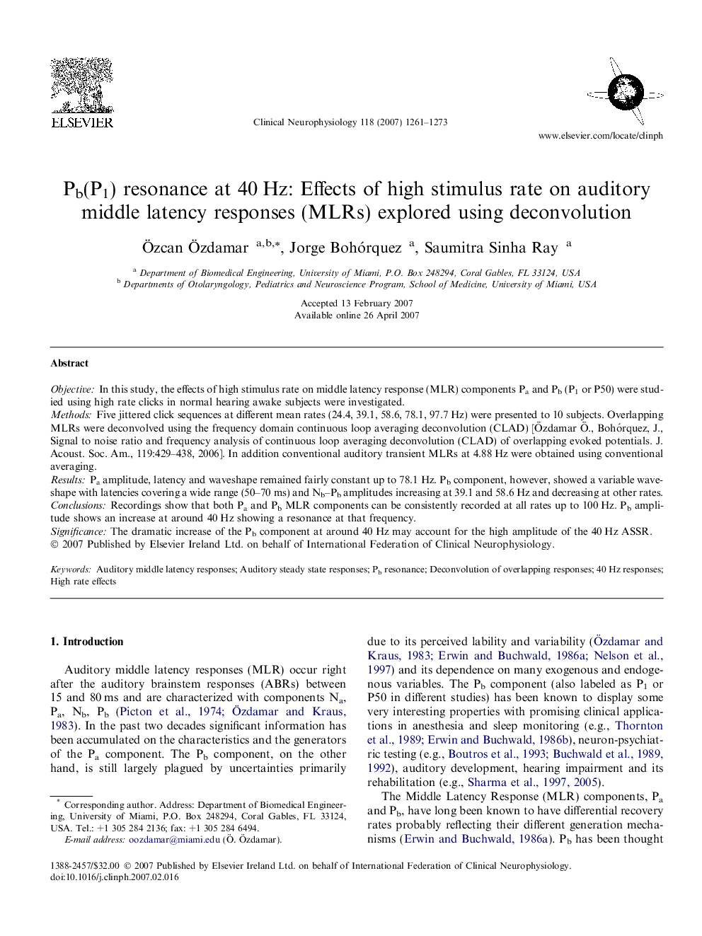 Pb(P1) resonance at 40 Hz: Effects of high stimulus rate on auditory middle latency responses (MLRs) explored using deconvolution