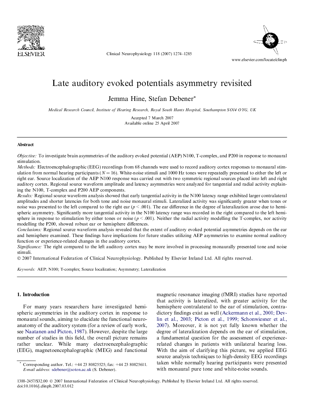 Late auditory evoked potentials asymmetry revisited