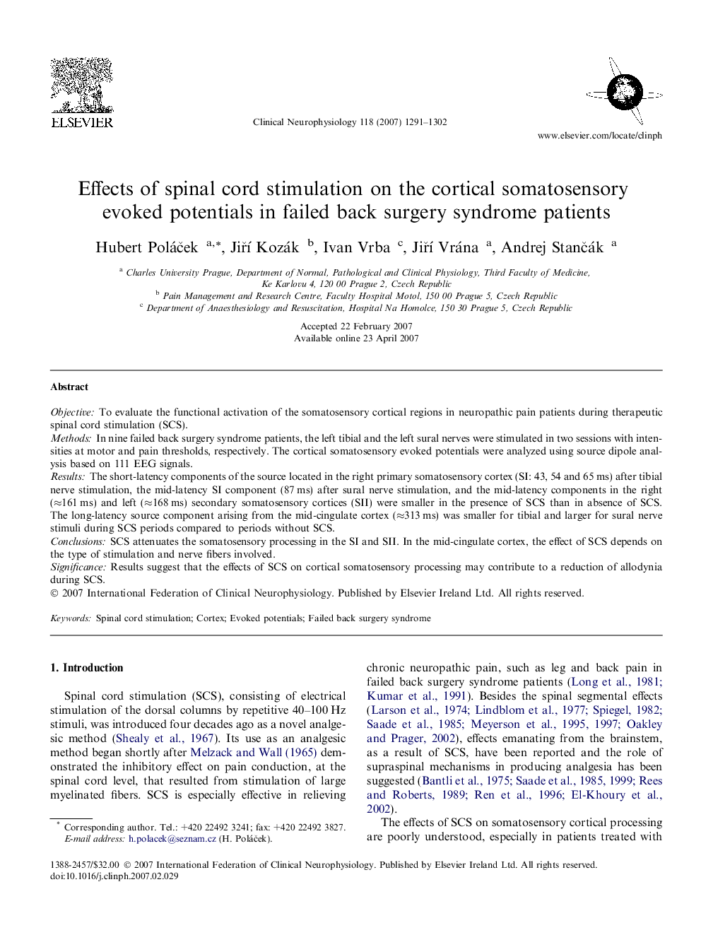 Effects of spinal cord stimulation on the cortical somatosensory evoked potentials in failed back surgery syndrome patients