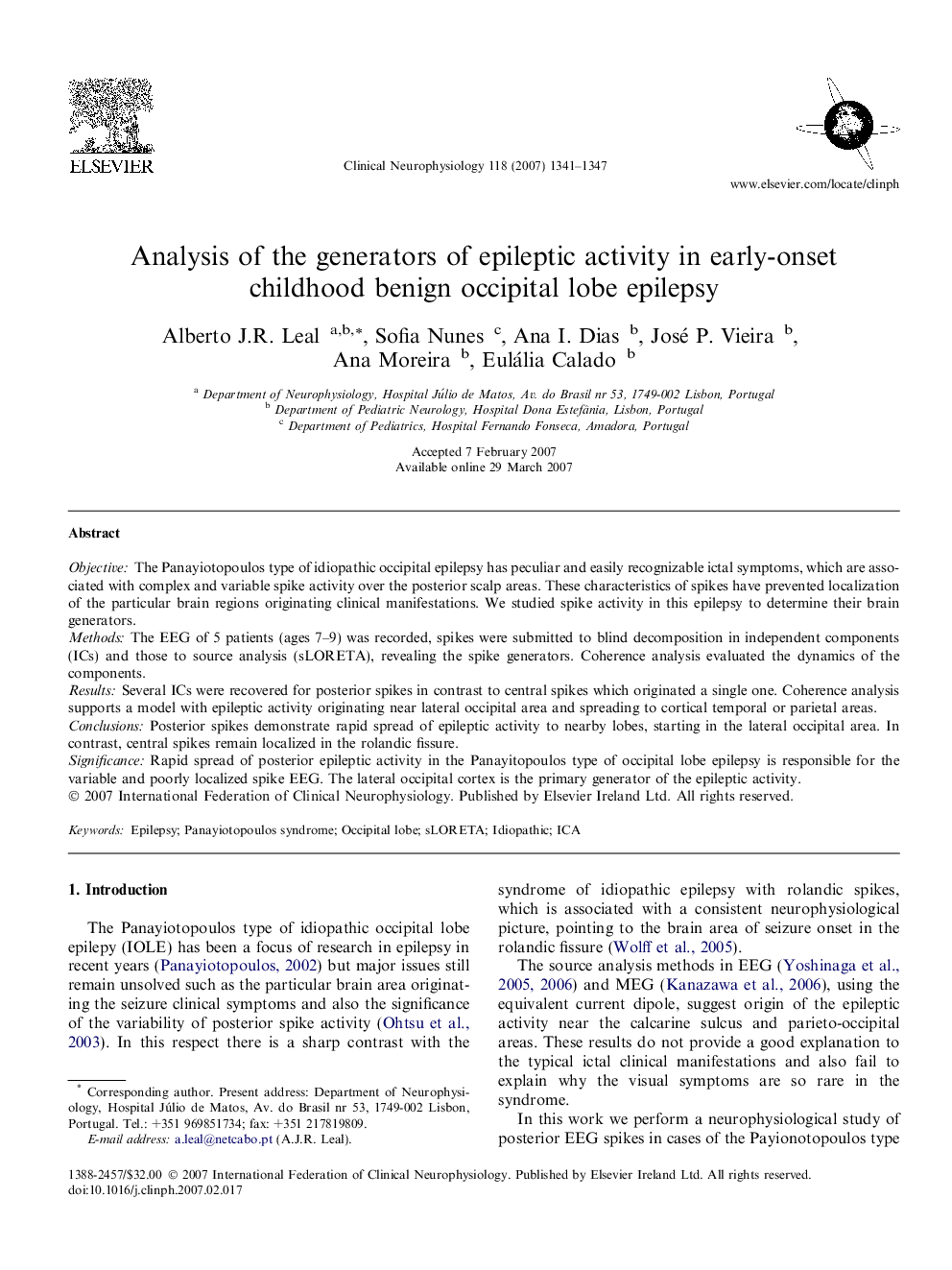 Analysis of the generators of epileptic activity in early-onset childhood benign occipital lobe epilepsy