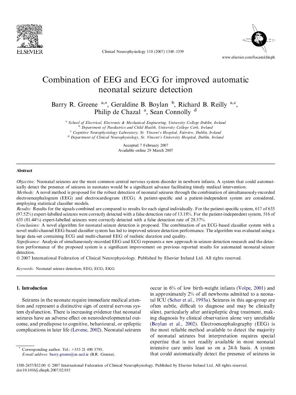 Combination of EEG and ECG for improved automatic neonatal seizure detection