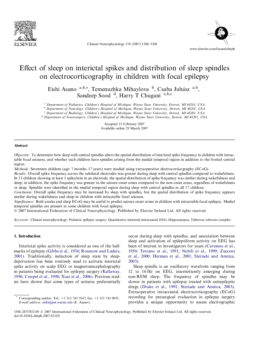 Effect of sleep on interictal spikes and distribution of sleep spindles on electrocorticography in children with focal epilepsy