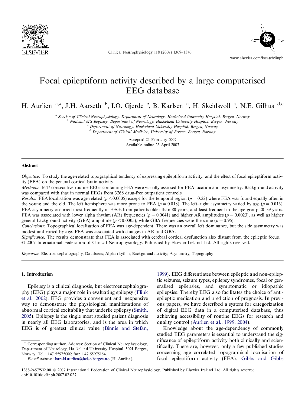 Focal epileptiform activity described by a large computerised EEG database