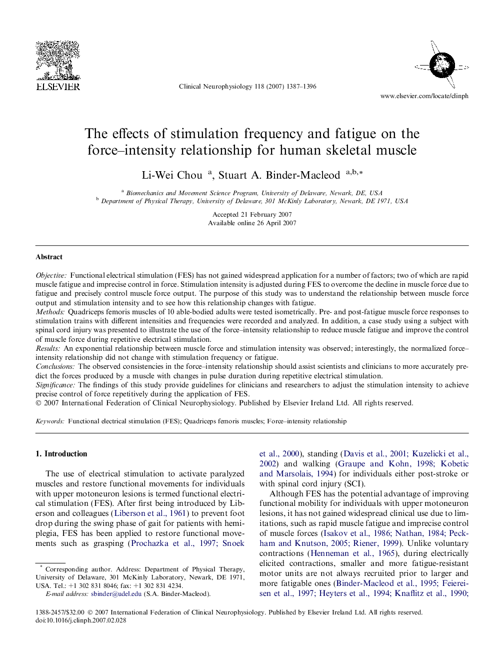 The effects of stimulation frequency and fatigue on the force–intensity relationship for human skeletal muscle