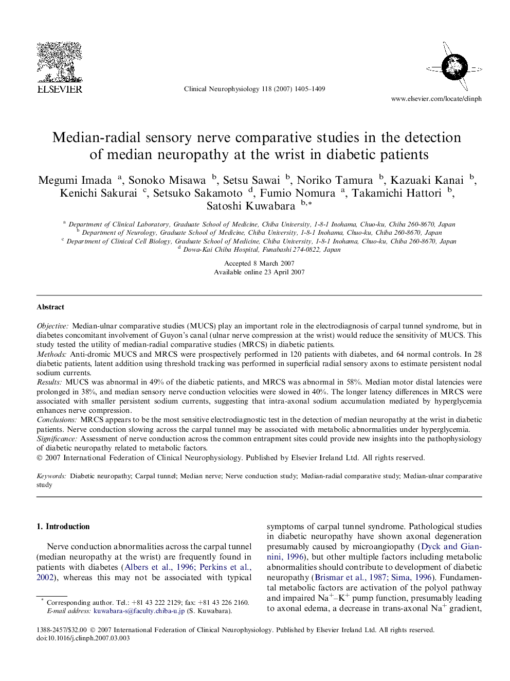 Median-radial sensory nerve comparative studies in the detection of median neuropathy at the wrist in diabetic patients