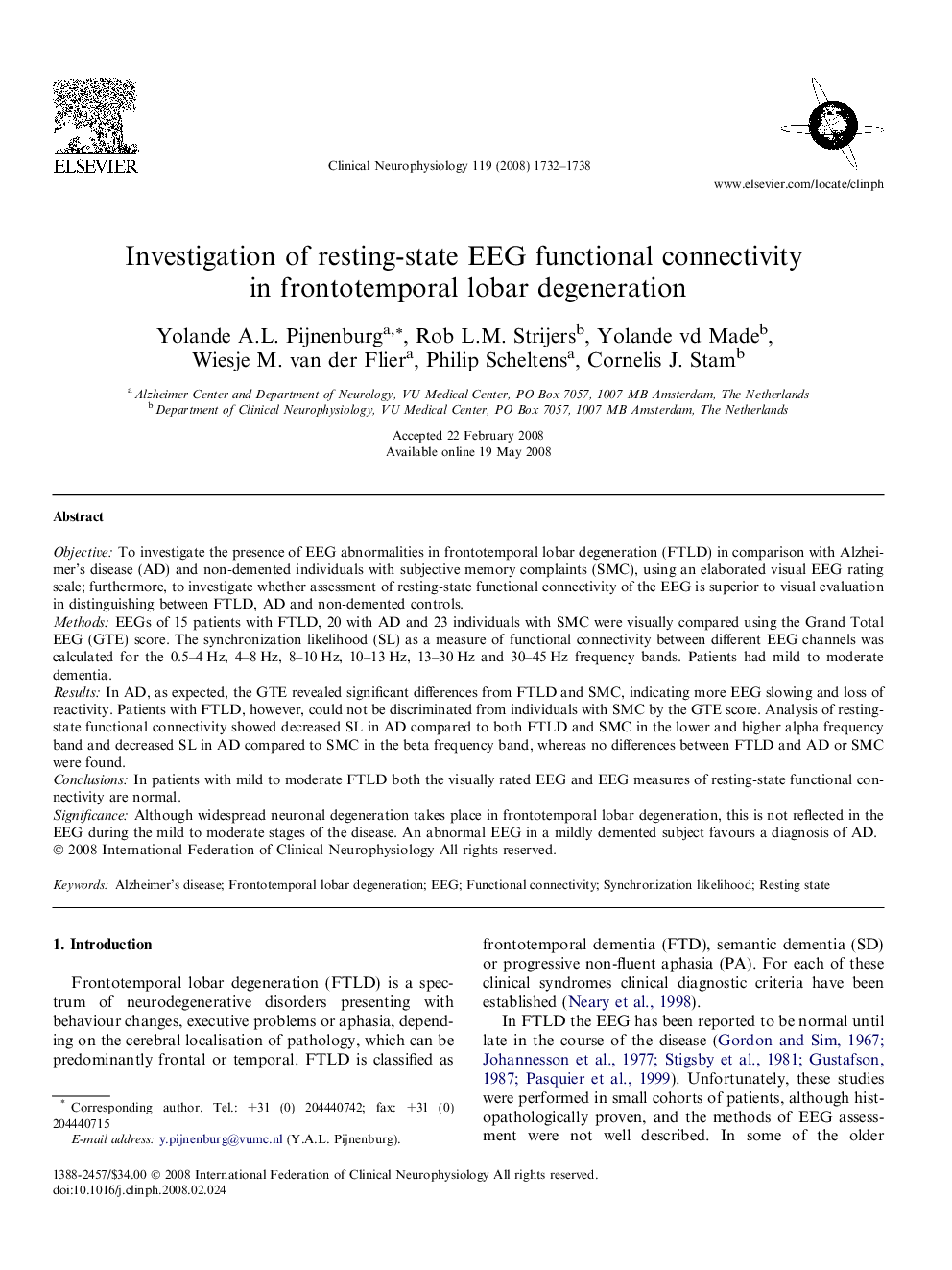 Investigation of resting-state EEG functional connectivity in frontotemporal lobar degeneration