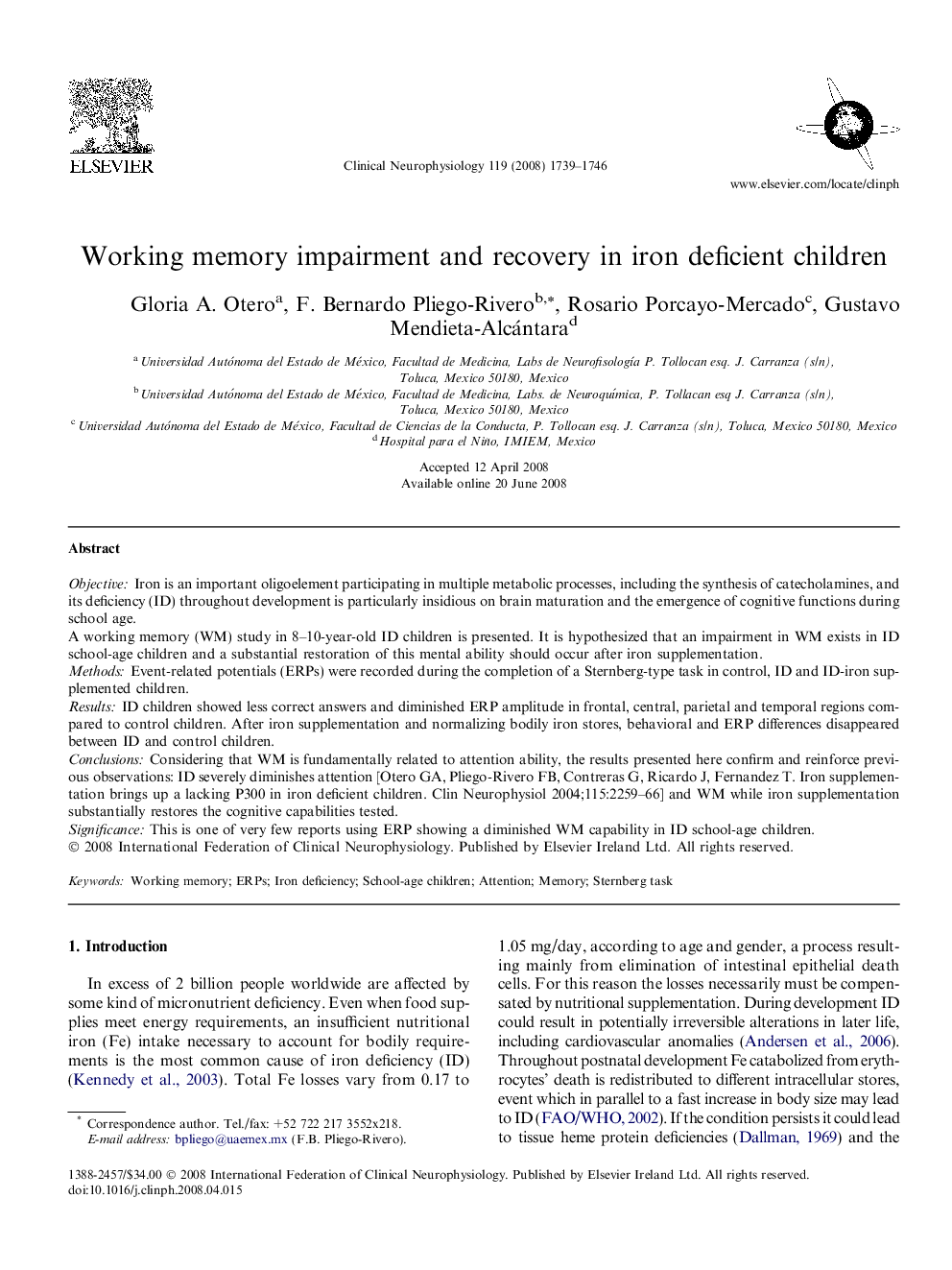 Working memory impairment and recovery in iron deficient children