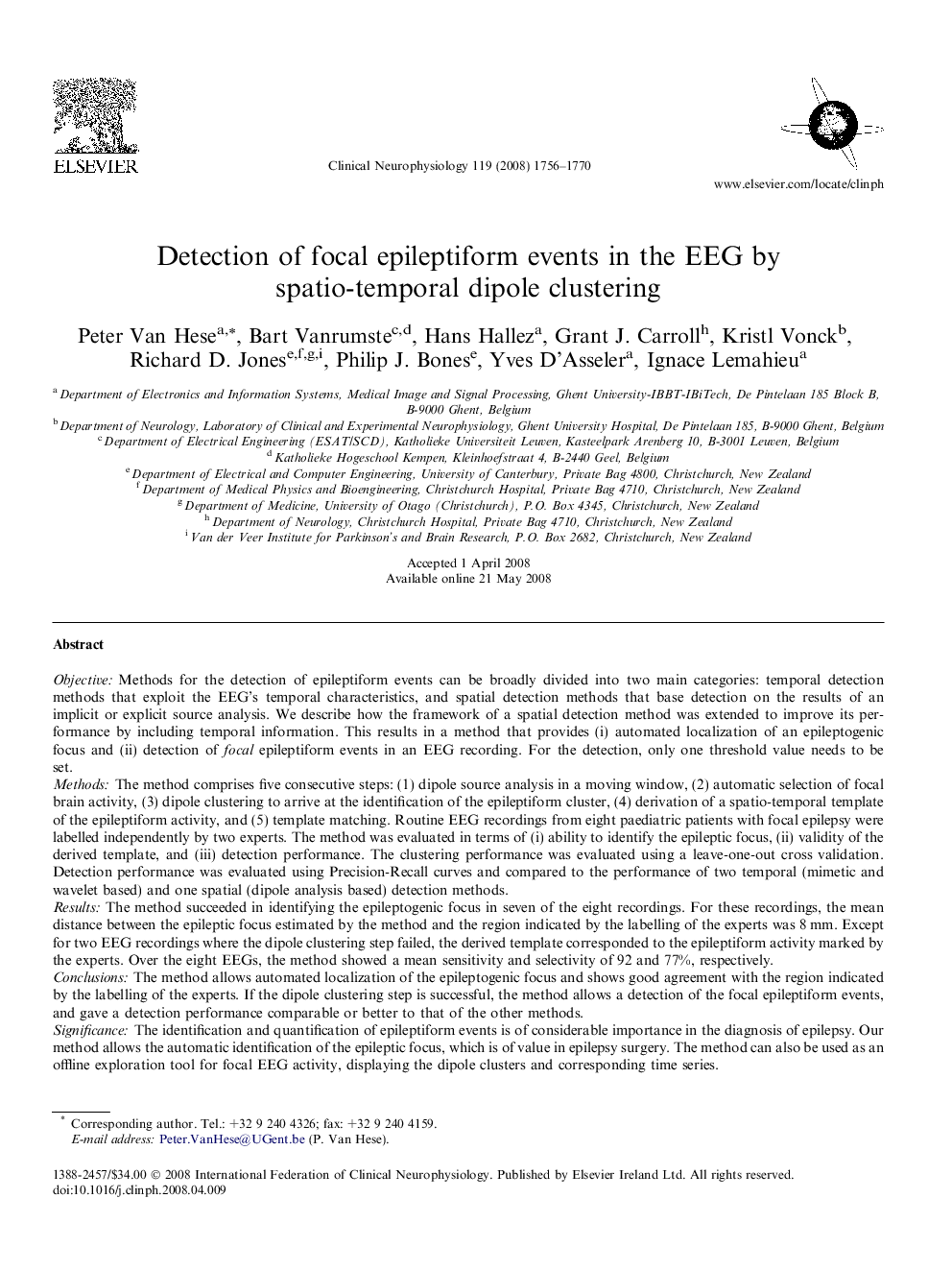 Detection of focal epileptiform events in the EEG by spatio-temporal dipole clustering