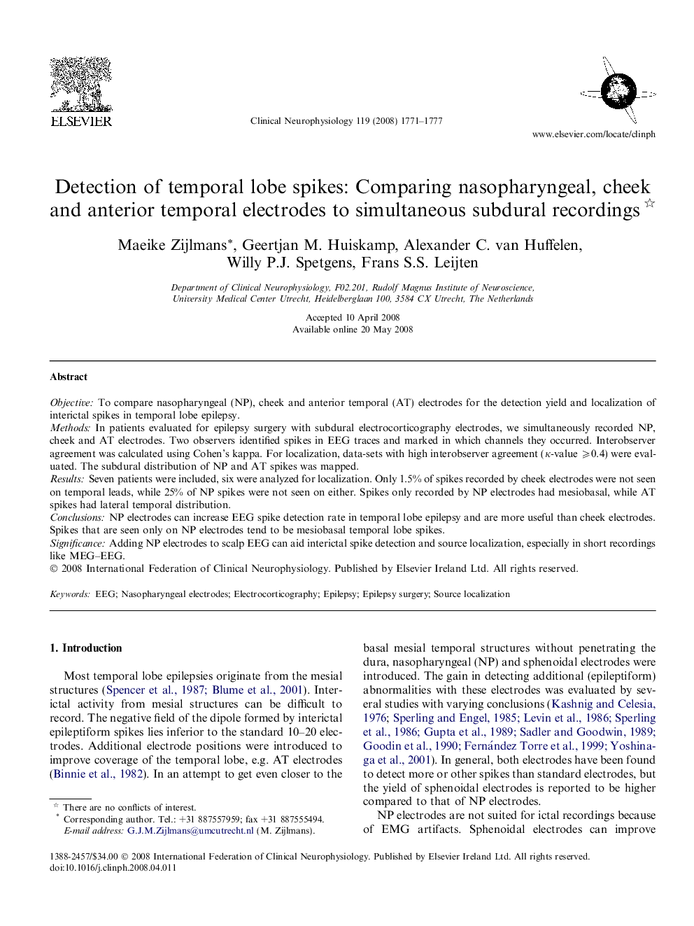 Detection of temporal lobe spikes: Comparing nasopharyngeal, cheek and anterior temporal electrodes to simultaneous subdural recordings 