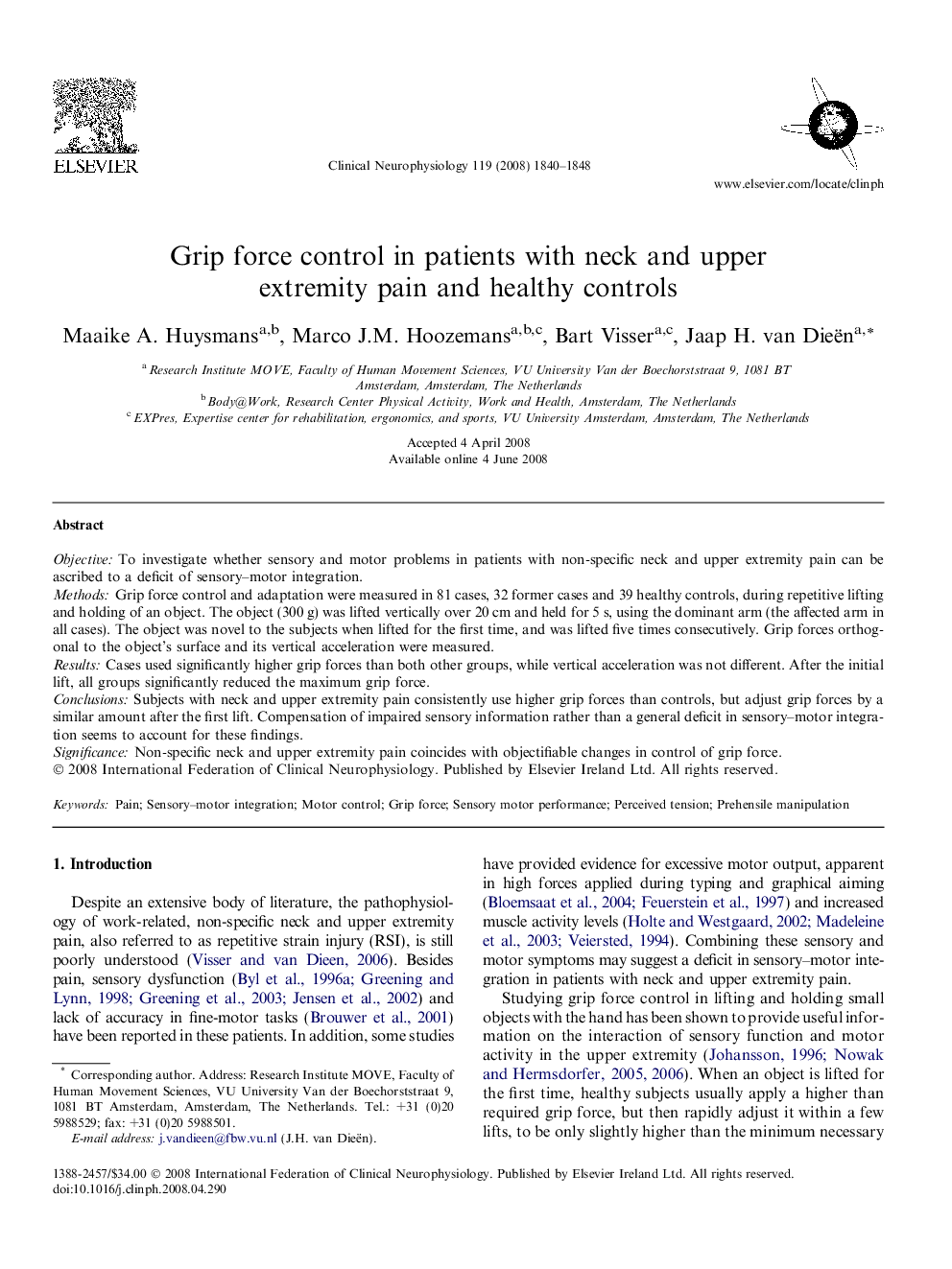 Grip force control in patients with neck and upper extremity pain and healthy controls