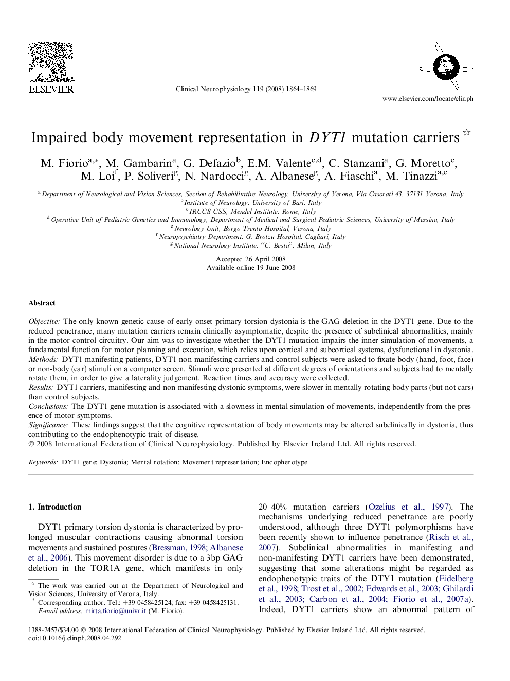 Impaired body movement representation in DYT1 mutation carriers 