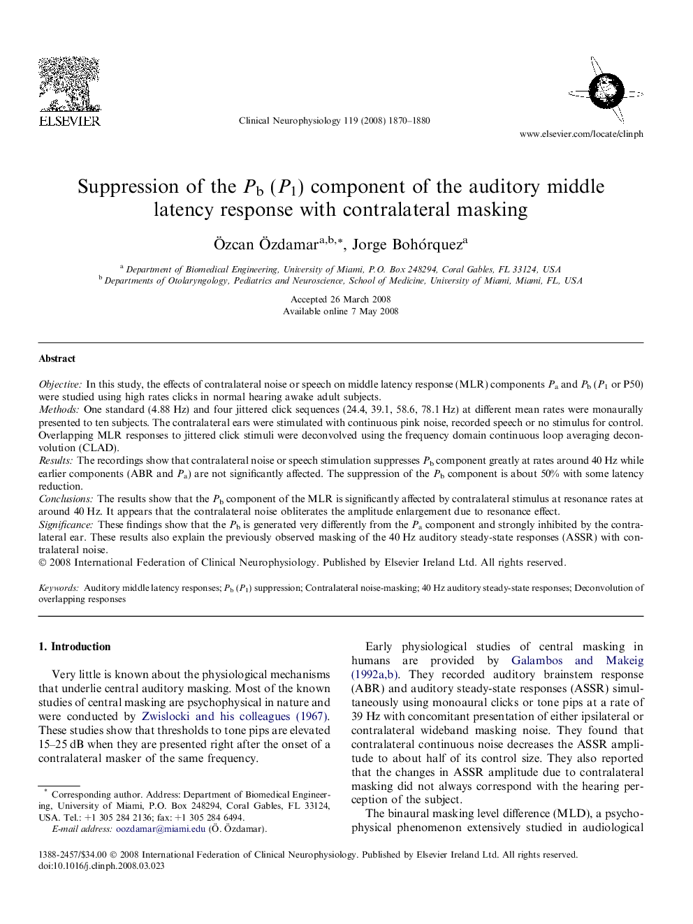 Suppression of the Pb (P1) component of the auditory middle latency response with contralateral masking