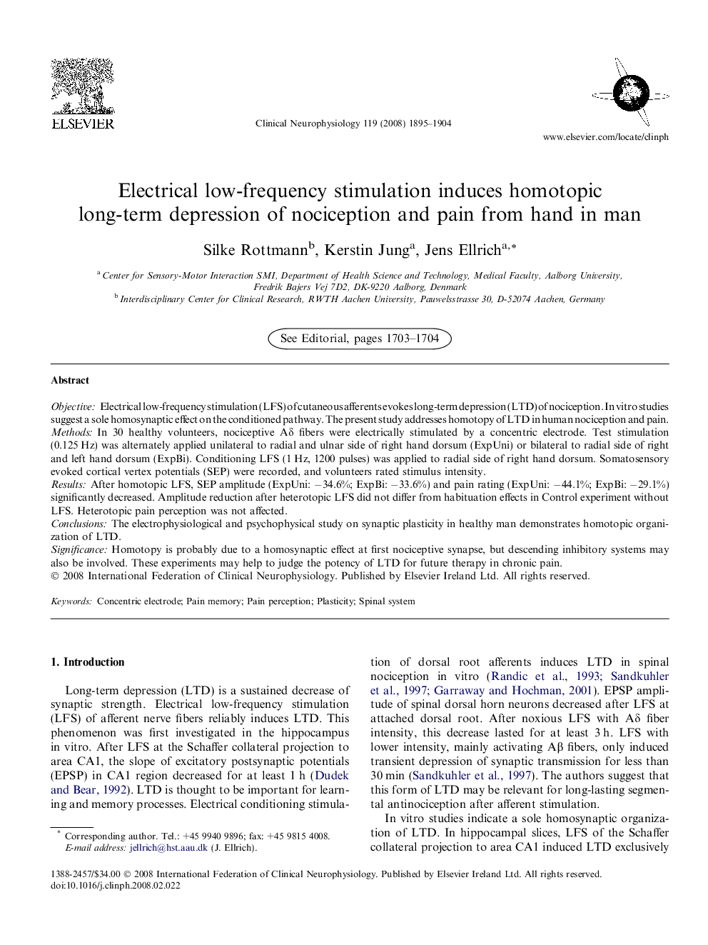 Electrical low-frequency stimulation induces homotopic long-term depression of nociception and pain from hand in man