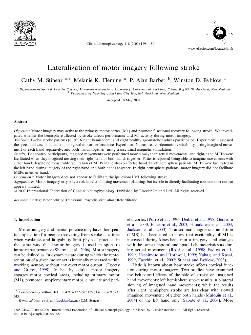 Lateralization of motor imagery following stroke