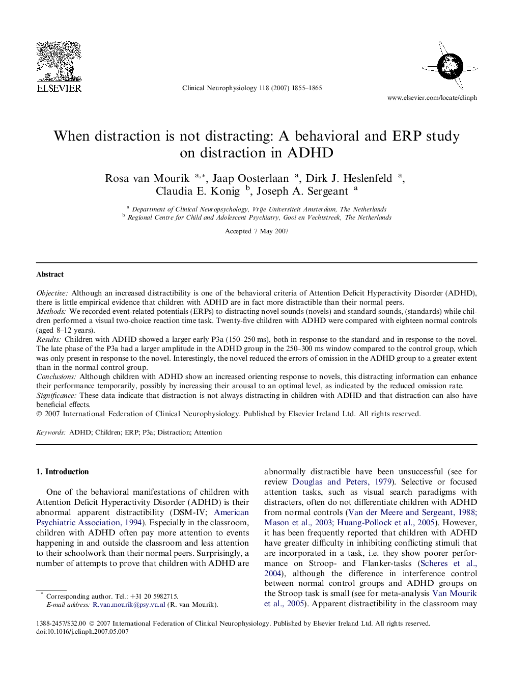 When distraction is not distracting: A behavioral and ERP study on distraction in ADHD