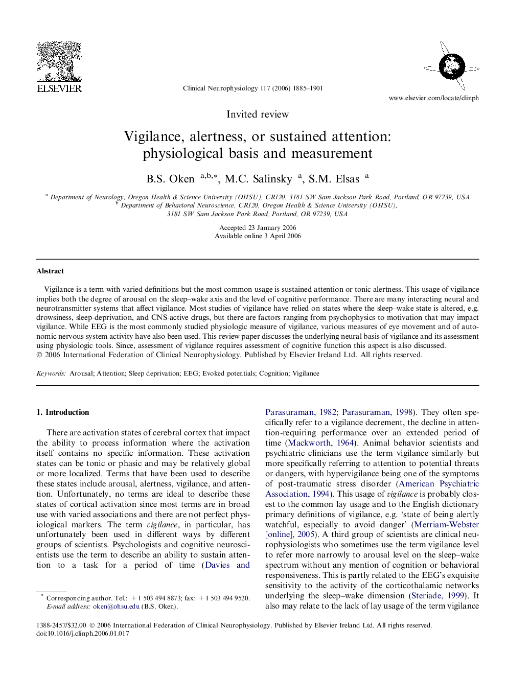 Vigilance, alertness, or sustained attention: physiological basis and measurement