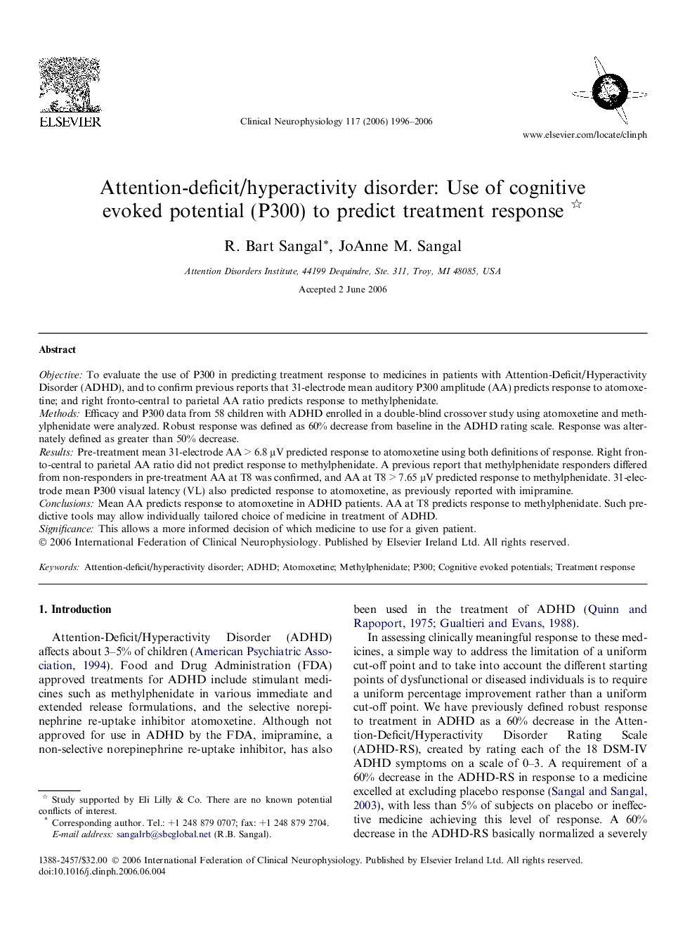 Attention-deficit/hyperactivity disorder: Use of cognitive evoked potential (P300) to predict treatment response 