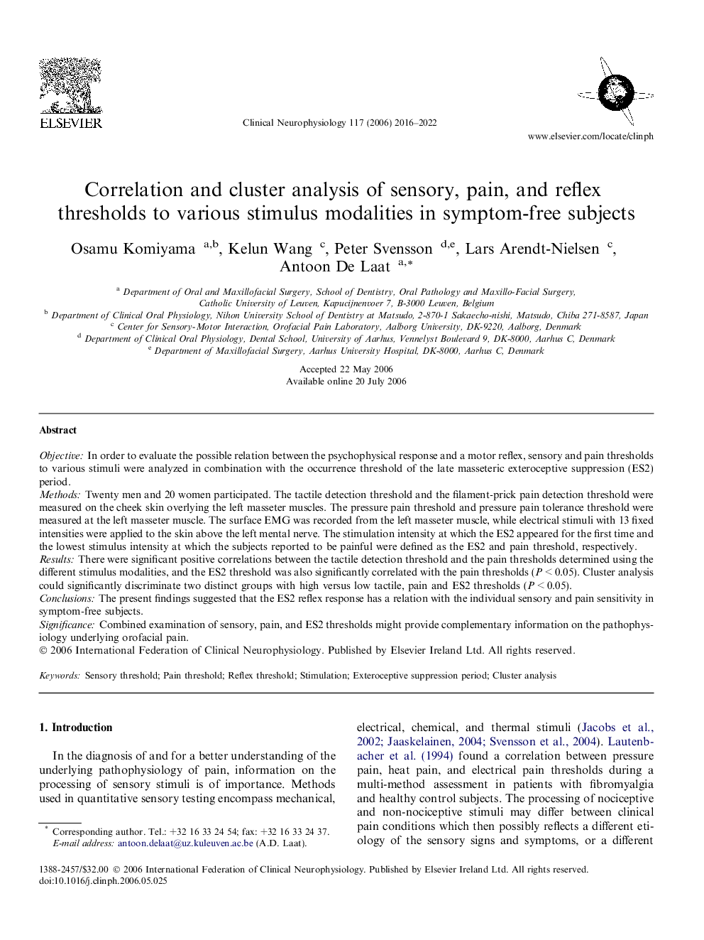 Correlation and cluster analysis of sensory, pain, and reflex thresholds to various stimulus modalities in symptom-free subjects