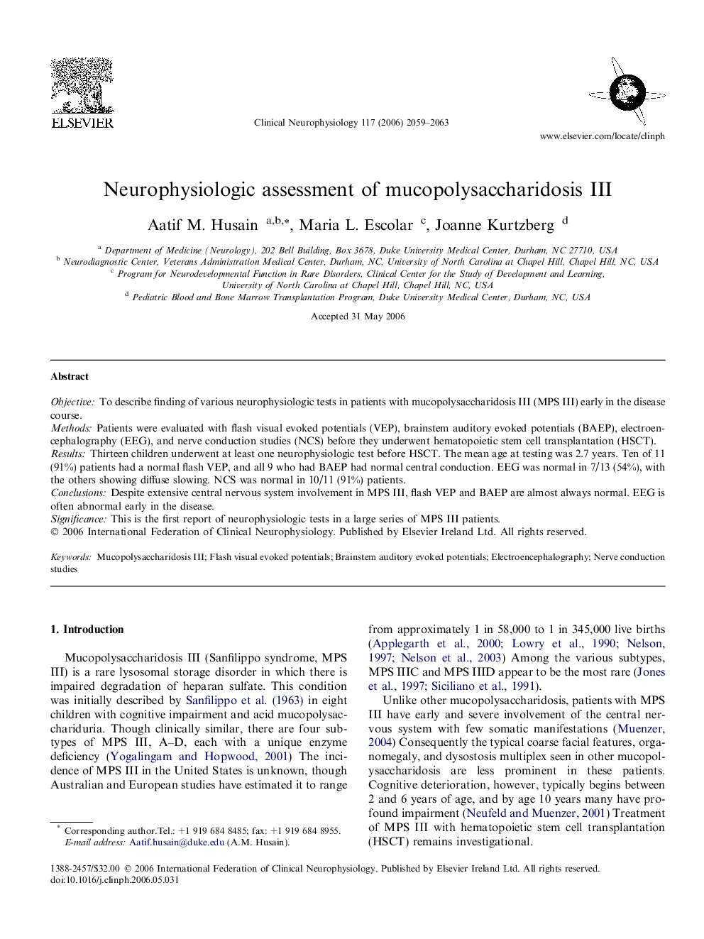 Neurophysiologic assessment of mucopolysaccharidosis III