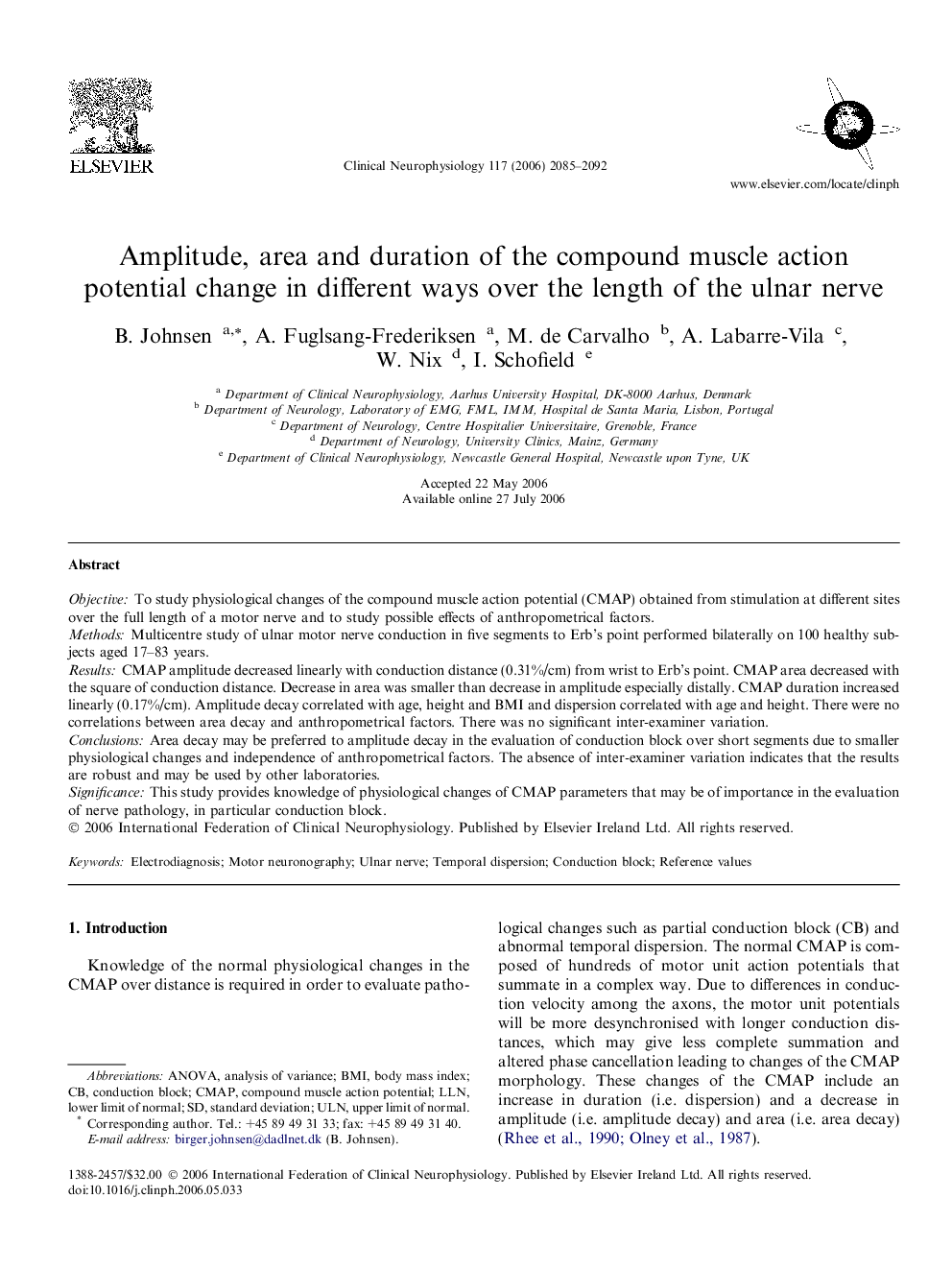 Amplitude, area and duration of the compound muscle action potential change in different ways over the length of the ulnar nerve