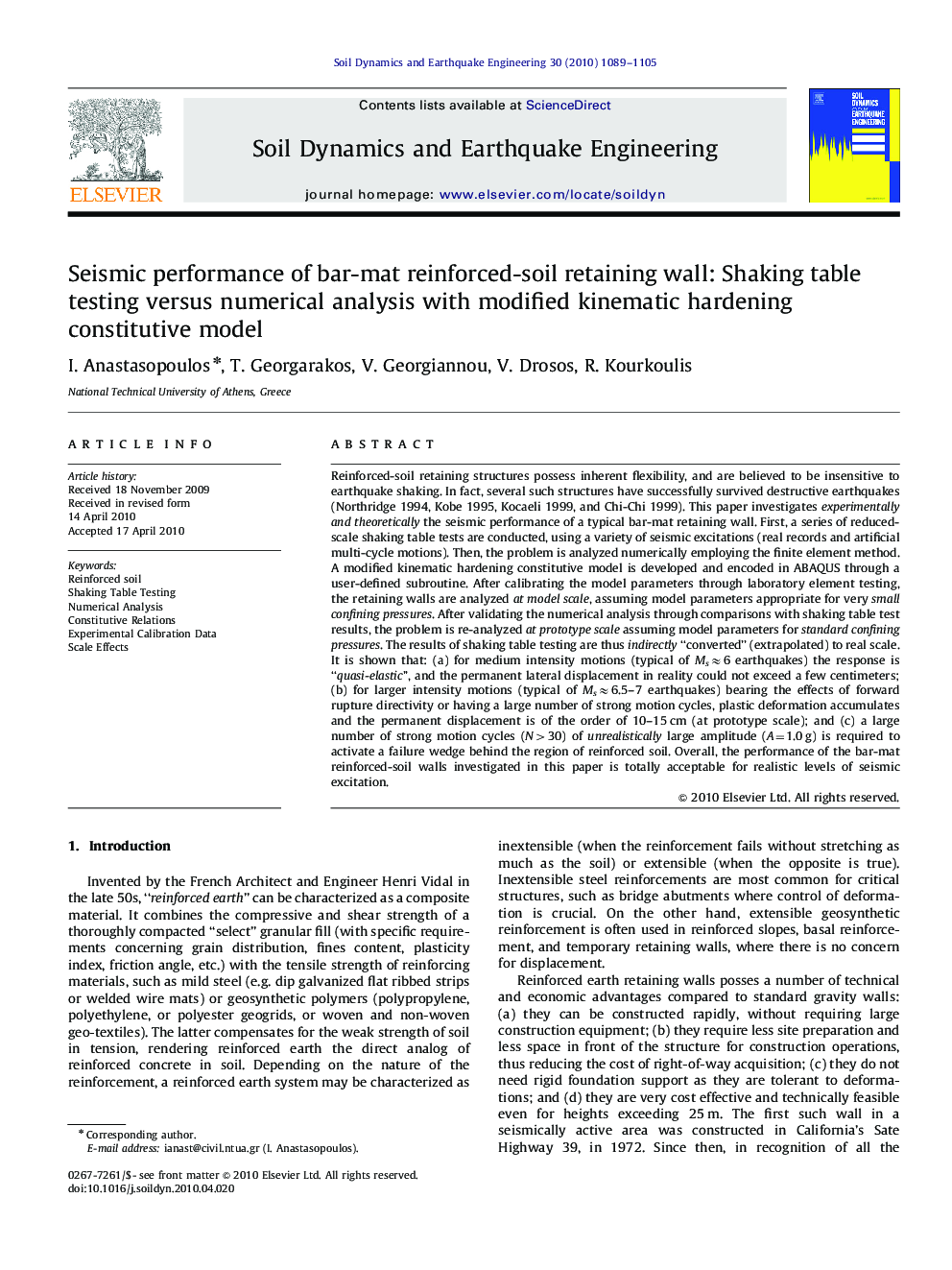 Seismic performance of bar-mat reinforced-soil retaining wall: Shaking table testing versus numerical analysis with modified kinematic hardening constitutive model